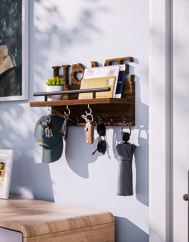 Wooden Key Holder with Shelf&Hooks, Layered Organizer for Categorized Storage, wall set