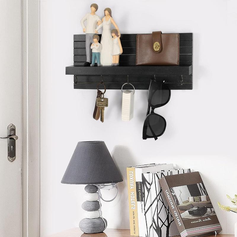 Decorative Key Holder for Wall with Shelf,Entryway Shelf with Hooks Holds Leashes,Sturdy Wood Key Holder Entrance Hanger with Mounting Hardware(Black)