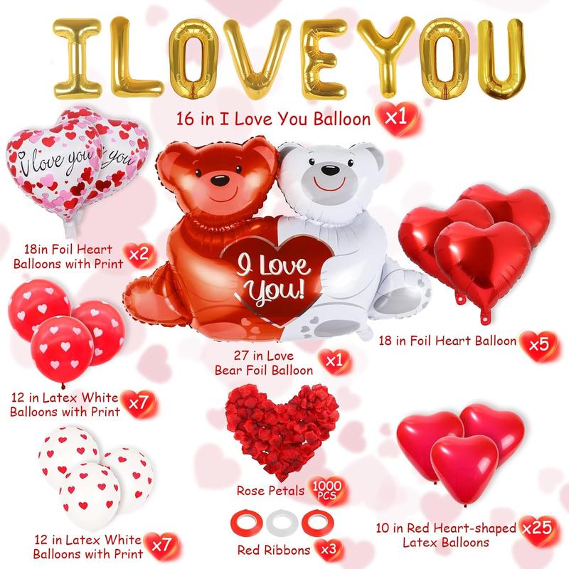 55 Pack Valentine's Day Balloons with 1000 count Silk Rose Petals - I LOVE YOU Balloons, Heart Balloons, Love-Bear Balloons for Anniversary Valentine Day, Romantic Decorations Special Night for Bedroom