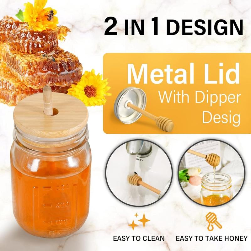 16oz Glass Honey Jar with Dipper,Honey Container with Wooden Honey Dipper,Honey Jars with Lids,Honey Pot Ideal for Honey and Syrup