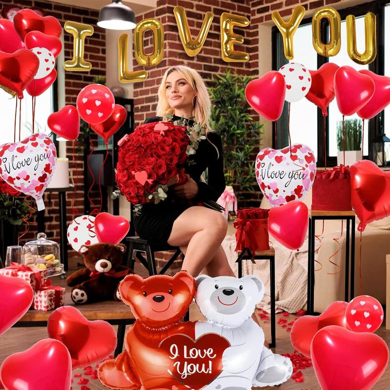 55 Pack Valentine's Day Balloons with 1000 count Silk Rose Petals - I LOVE YOU Balloons, Heart Balloons, Love-Bear Balloons for Anniversary Valentine Day, Romantic Decorations Special Night for Bedroom