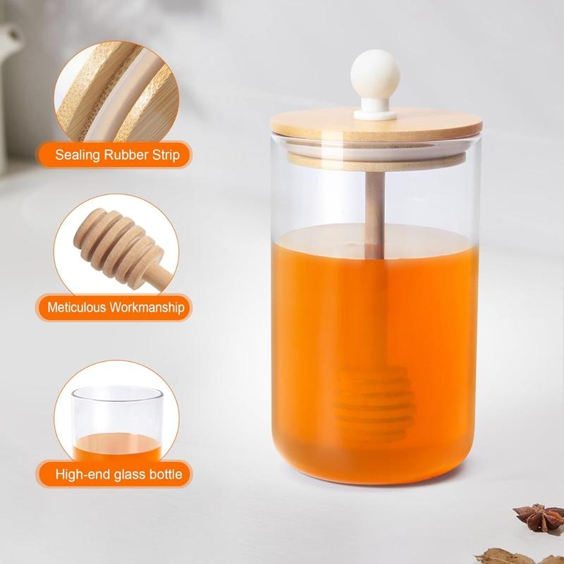 16oz Glass Honey Jar with Dipper,Honey Container with Wooden Honey Dipper,Honey Jars with Lids,Honey Pot Ideal for Honey and Syrup