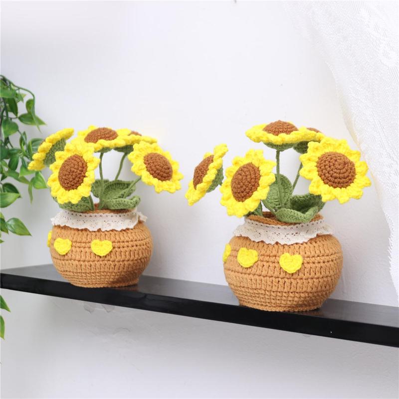 Crochet Sunflower Potted Plant, 1 Count Exquisite Handmade Knitting Potted Plant, Desktop Decoration for Home Living Room Bedroom Dining Room Office Dormitory, Christmas Gift Ideas, Stocking Stuffers