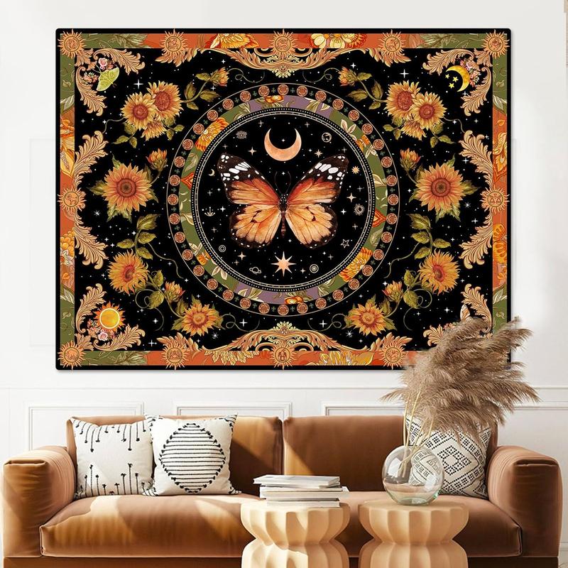 Butterfly Floral Tapestry Vintage Indie Boho Flower Tapestries for Bedroom Aesthetic Retro Yellow Sunflower Moth Tapestry Wall Hanging for Dorm Living Room (48  36)