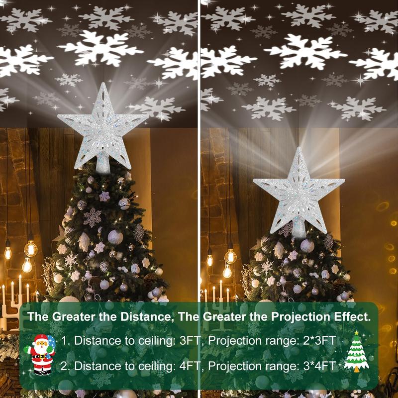 Christmas tree topper lights up with 6 projection modes, Christmas star tree topper built-in LED rotating light, silver 3D flash dynamic projection, suitable for Christmas party holiday decoration