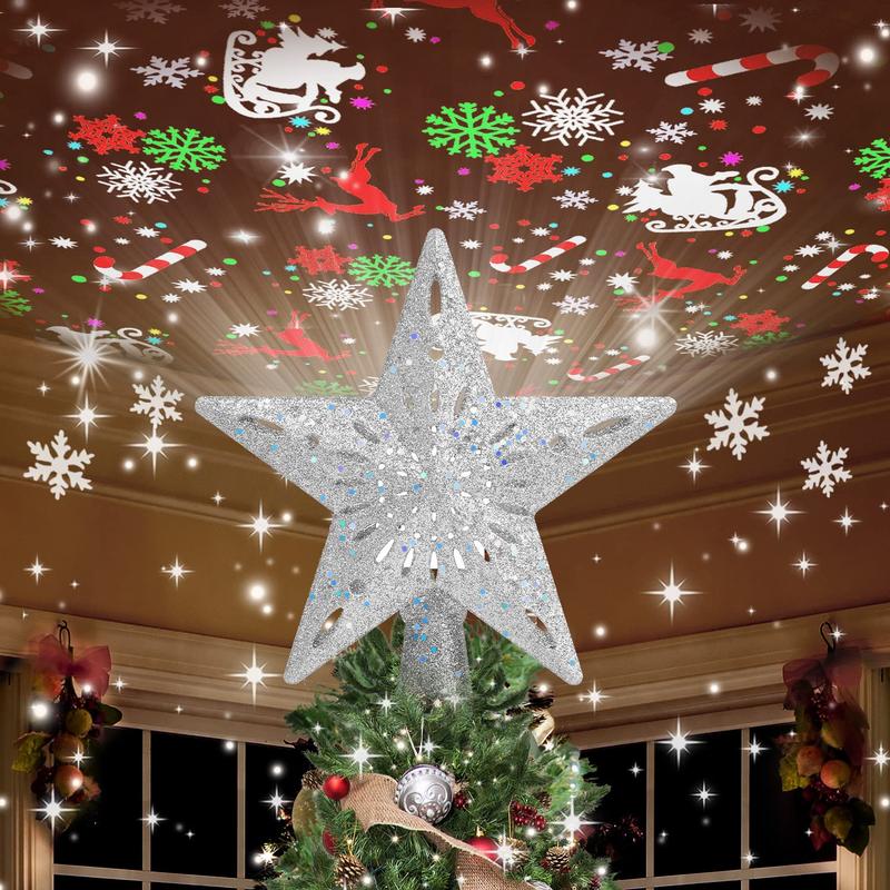 Christmas tree topper lights up with 6 projection modes, Christmas star tree topper built-in LED rotating light, silver 3D flash dynamic projection, suitable for Christmas party holiday decoration