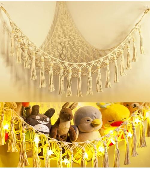 55 inch Toy Hammock Macrame boho Stuff Animal Storage Corner Hanging Net Holder,Mesh Hammock Plush Toy Organizer with Hooks for Bedroom