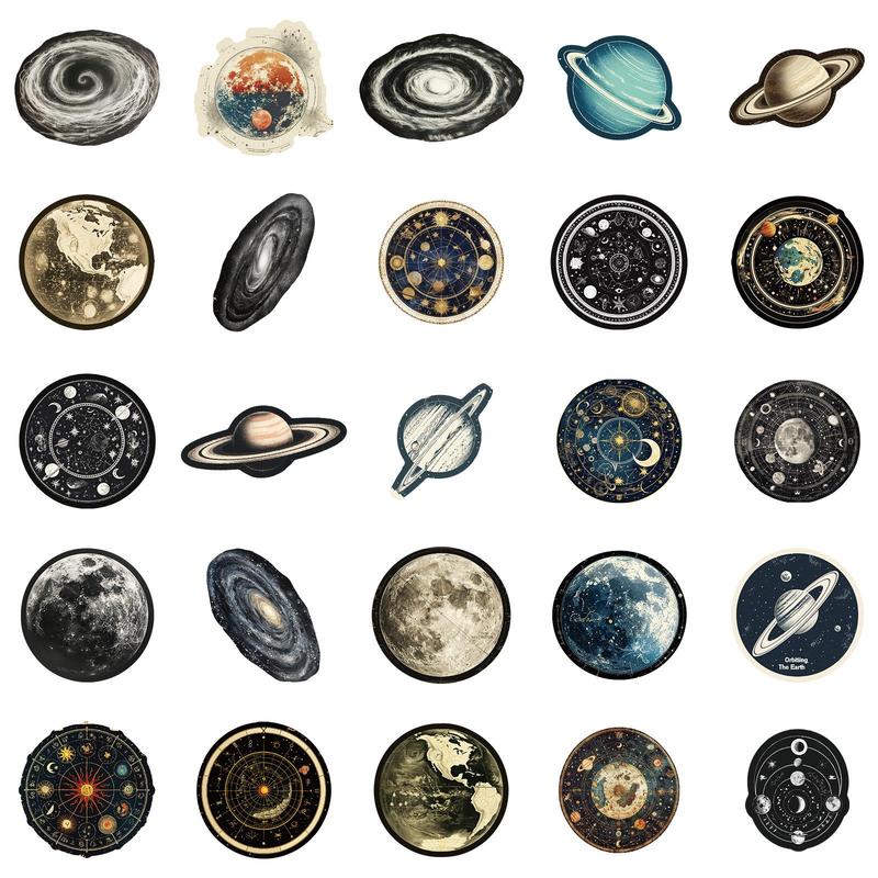 Space Themed Sticker, 50pcs set Waterproof Self Adhesive Decor Paper with Storage Box, Decor Sticker for Gift Greeting Card Water Bottle Laptop Phone