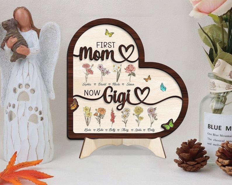 First Mom Now Grandma Wooden Sign, Custom Birth Month Flower Wooden Plaque, Personalized Birthflower Sign, Mothers Day Gift, Gift for Gigi