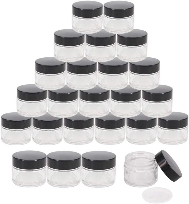 24 Pack 1 oz Round Clear Glass  Jars with Inner Liners and Black Lids, Travel Glass Jars,  Containers for Lip Balms, Powders, Makeup, Cream, Eyeshadow, Slime, Paint