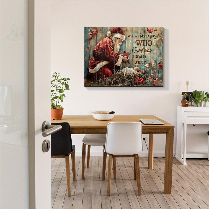 Christmas Wall Art Kneeling Santa Praying for a Baby Christ Canvas Pictures Baby Jesus Canvas Wall Art Birth of Jesus Wall Decor Red Cardinal Baby Jesus Poster Never Forget Who Christmas -Frameless