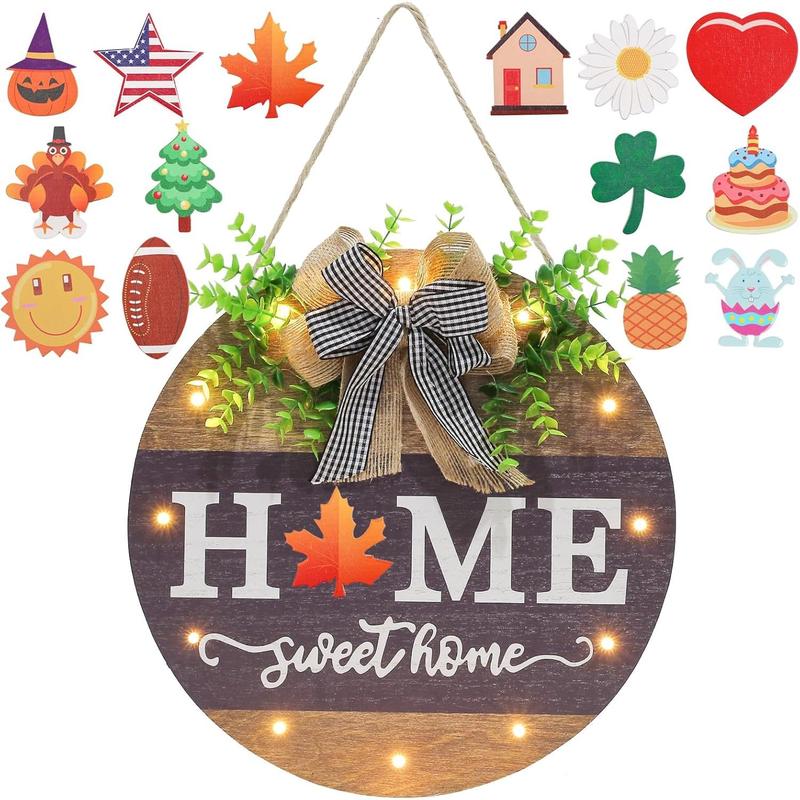 Interchangeable Welcome Sign for Front Door with 14 Changeable Icons, Farmhouse Front Porch Decor Rustic Wooden Wall Sign with 12 LED Lights, Outdoor Seasonal Welcome Home Decorations ( home1)