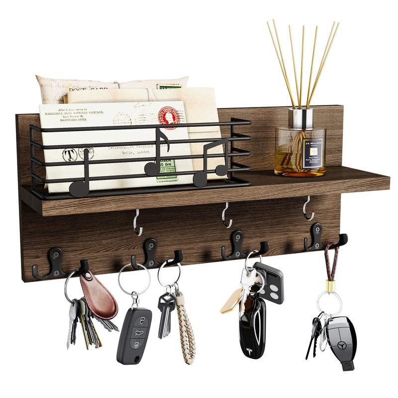 Wooden Key Holder with Shelf&Hooks, Layered Organizer for Categorized Storage, wall set