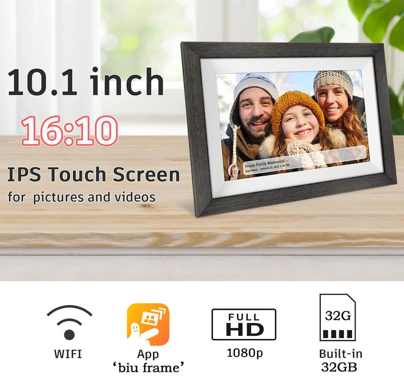 Ekoio 10.1 inch Digital photo Frame WiFi Smart Digital Photo Frame Wood IPS HD 1280 * 800 1080P Touch Screen Auto-Rotate Easy Setup to use Free Share Photos and Videos Gift for mon Father Women