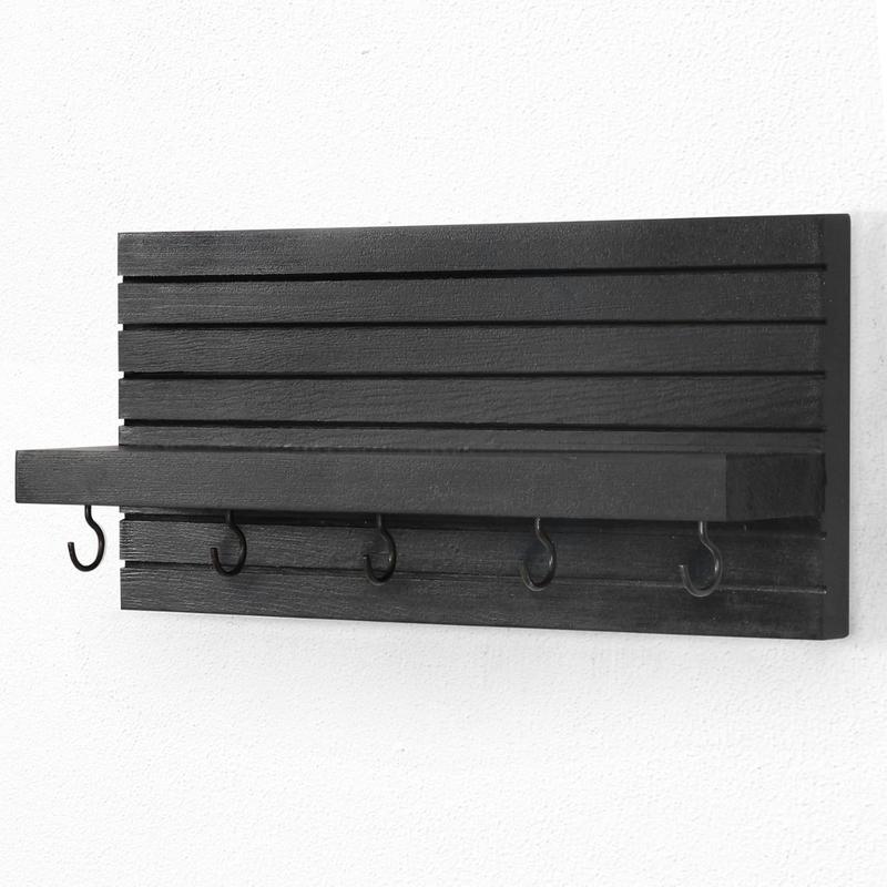 Decorative Key Holder for Wall with Shelf,Entryway Shelf with Hooks Holds Leashes,Sturdy Wood Key Holder Entrance Hanger with Mounting Hardware(Black)