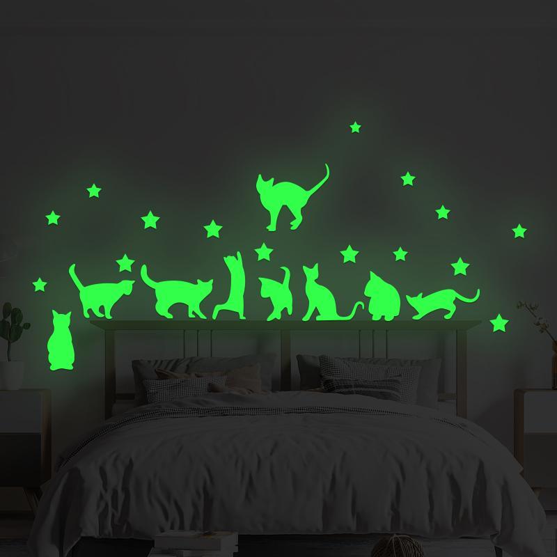 Luminous Cat & Star Pattern Wall Sticker for Home Decor, 1 Set Girly Bedroom Accessories Glow in the Dark Wall Decal, Decorative Sticker for Home Bedroom Living Room