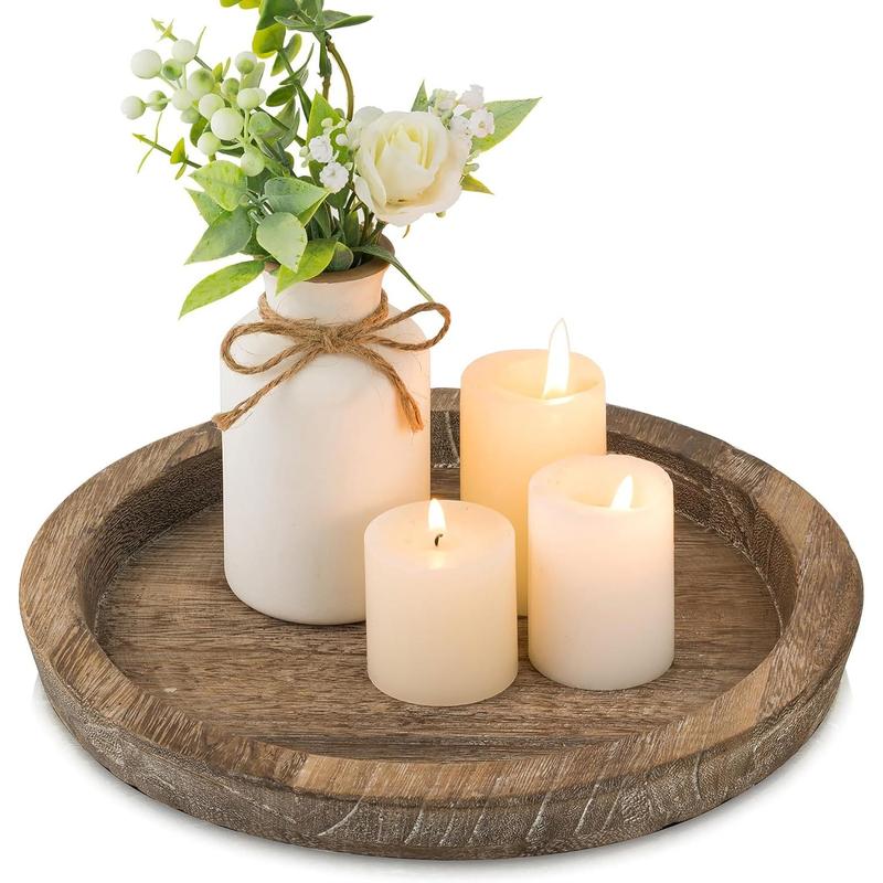 Candle Plate Holder Tray: Round Wooden Decorative Candle Plate Small Farmhouse Table Centerpiece Rustic Wood Tealight Pillar Trays Christmas Ornaments