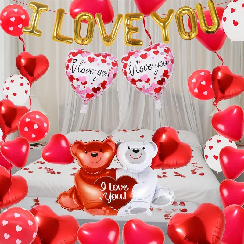 55 Pack Valentine's Day Balloons with 1000 count Silk Rose Petals - I LOVE YOU Balloons, Heart Balloons, Love-Bear Balloons for Anniversary Valentine Day, Romantic Decorations Special Night for Bedroom