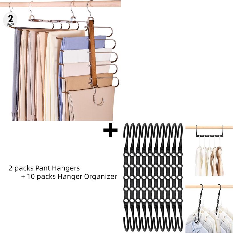 HOUSE DAY  Ultimate Space Saving Hangers Organizer & Pant Hangers Bundle Steel Hook Wooden Hanging Plastic Wood Retractable Smooth