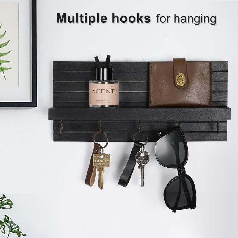 Decorative Key Holder for Wall with Shelf,Entryway Shelf with Hooks Holds Leashes,Sturdy Wood Key Holder Entrance Hanger with Mounting Hardware(Black)