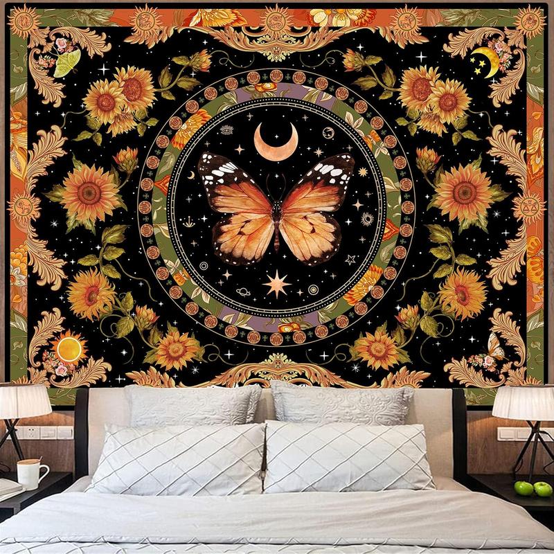 Butterfly Floral Tapestry Vintage Indie Boho Flower Tapestries for Bedroom Aesthetic Retro Yellow Sunflower Moth Tapestry Wall Hanging for Dorm Living Room (48  36)