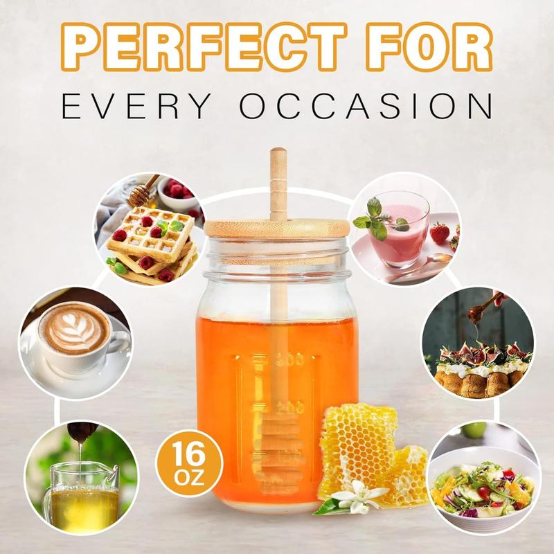 16oz Glass Honey Jar with Dipper,Honey Container with Wooden Honey Dipper,Honey Jars with Lids,Honey Pot Ideal for Honey and Syrup