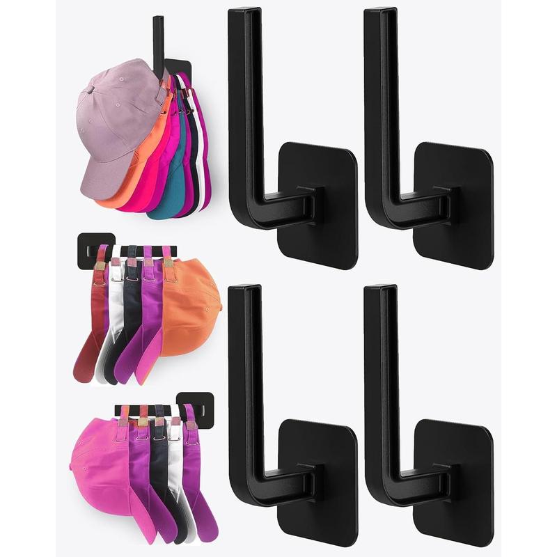 Hat Rack for Hat Storage (4-Pack), Multi-Purpose Hat Organizer, Strong Adhesive Hat Hooks for Wall Hat Organizer for Baseball Caps, Two Mounting Options Hat Hook, Black