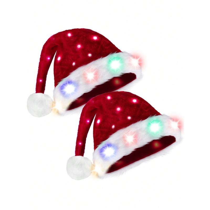 Style Lab   Giggling Getup 2 PCS Adults Light-Up Christmas Santa Elf Hats With Pom Poms, Soft Plush Xmas Hat With Colorful Lights For Mens And Womens