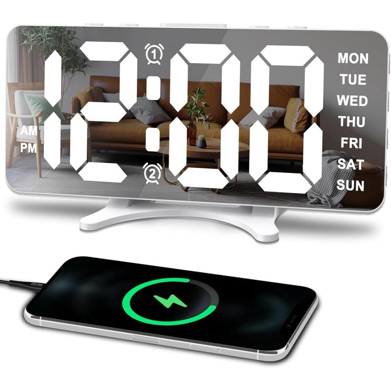 Bedroom alarm clock, ultra-thin LED mirror digital alarm clock, large display with dimming mode, dual USB port, level 4 brightness and level 2 volume, desk clock decorated in office home bedroom dormitory living room