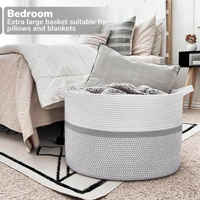 Extra Large Cotton Rope Woven Basket, Throw Blanket Storage Basket with Handles, Decorative Clothes Hamper - 22