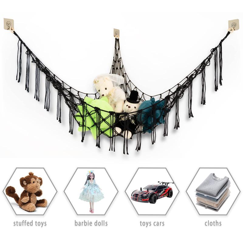 55 inch Toy Hammock Macrame boho Stuff Animal Storage Corner Hanging Net Holder,Mesh Hammock Plush Toy Organizer with Hooks for Bedroom