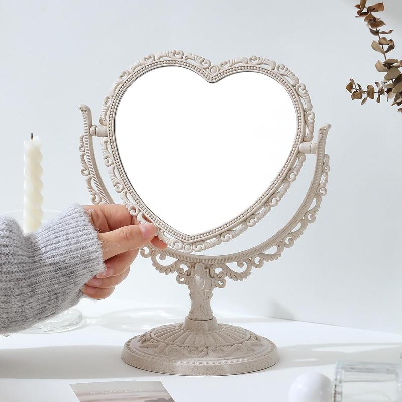 7 Inch Vintage Heart Mirror - Elegant Desk Makeup Mirror with Double Sided 360 Degree Rotation Vanity Mirror for Room Decor (1 Counts)