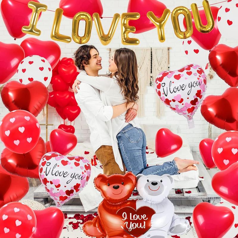 55 Pack Valentine's Day Balloons with 1000 count Silk Rose Petals - I LOVE YOU Balloons, Heart Balloons, Love-Bear Balloons for Anniversary Valentine Day, Romantic Decorations Special Night for Bedroom