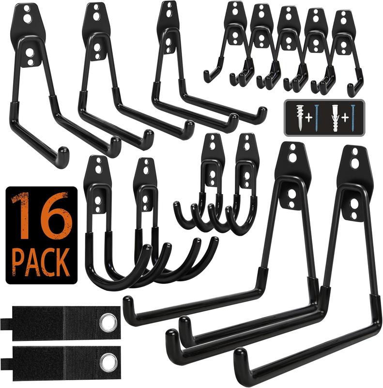 Garage Hooks, 16 Pack Steel Heavy Duty Garage Storage Hooks with Anti-Slip Coating, Utility Garage Wall Mount Hooks for Hanging Bike, Ladder and Garden Tools