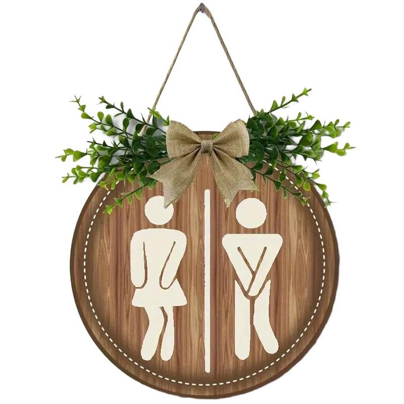 Bowknot & Artificial Plants Wooden Sign, Cute Funny Toilet Bathroom Decor Sign, Farmhouse Restroom Wall Hanging Plaque