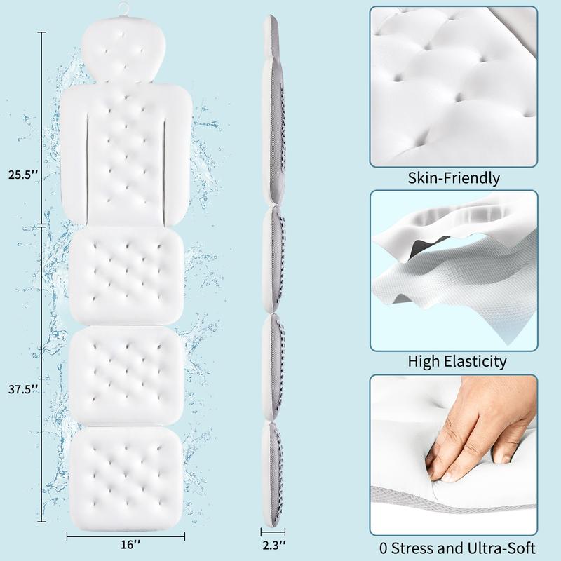 Bathtub Pillow Full Body,Luxury Bath Cushion for Tub with 160 Suction Cups,Bath Mat for Head and Neck Support with Laundry Bag White bath mat Gift