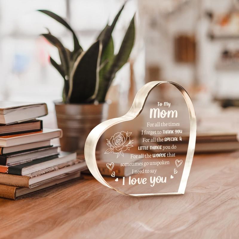 Heart Shaped Acrylic Block, Flower & Letter Pattern Decorative Ornament, Room Decor Inspirational Creative Gift for Mom