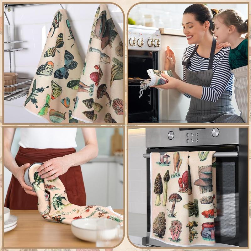 4 Count Vintage Kitchen Towels Forest Mushroom Dish Towels Wildflower Tea Towels Butterfly Plants Hand Towels Absorbent Floral Towel for Holiday Kitchen Bathroom Farmhouse Housewarming Gifts Cleaning Cleaning Cleaning Cleaning Cleaning Cleaning