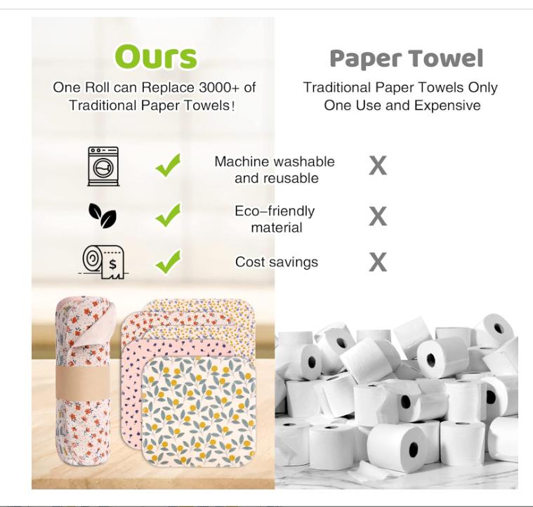 Reusable Paper Towels Roll, 25 Packs Washable Cotton Flannel Paper Towels, w Cardboard Roll, 10 X 10in Super Soft, Absorbent, Fits on All Holders Kitchen Cloths Paper Towels