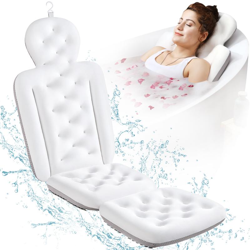 Bathtub Pillow Full Body,Luxury Bath Cushion for Tub with 160 Suction Cups,Bath Mat for Head and Neck Support with Laundry Bag White bath mat Gift