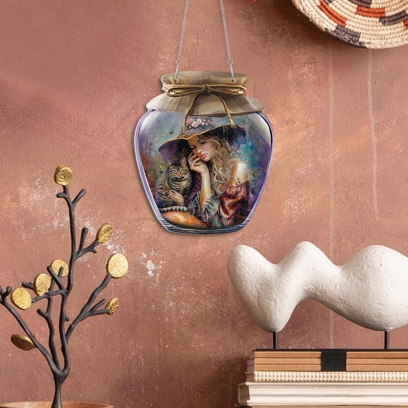 Witch & Cat Pattern Glass Jar Shaped Hanging Sign, Wall Hanging Sign, Wall Decor for Home Farmhouse Studio Cafe Coffee Shop Living Room Office