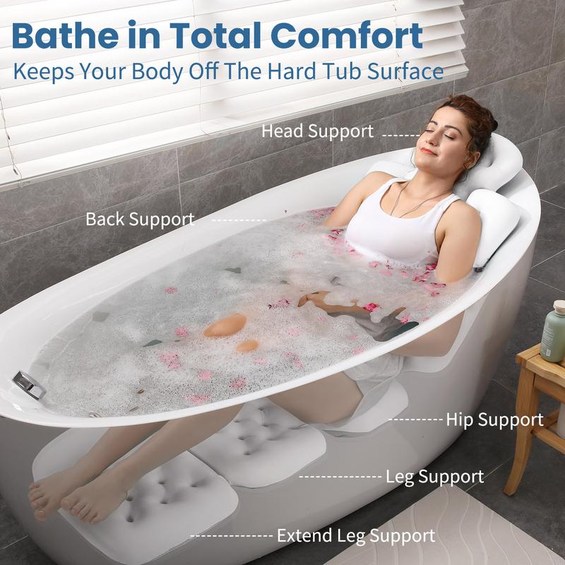 Bathtub Pillow Full Body,Luxury Bath Cushion for Tub with 160 Suction Cups,Bath Mat for Head and Neck Support with Laundry Bag White bath mat Gift