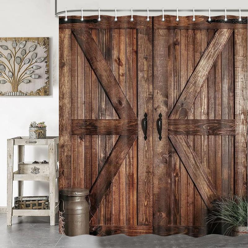 Rustic Barn Door Shower Curtain Vintage Countryside Wood Board Waterproof Fabric Bath Curtain with Hooks 70 x72 inch Set Farmhouse