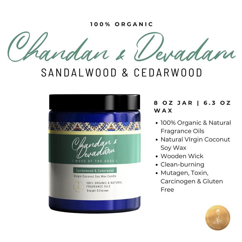 Chandan & Devadaru - Sandalwood & Cedarwood Candle 8 oz jar Coconut Soy Wax - Wooden Wick - Organic Fragrance Oil - Trataka Meditation Candle - Ceremonial Candle - Diwali Candle - Indian Candle