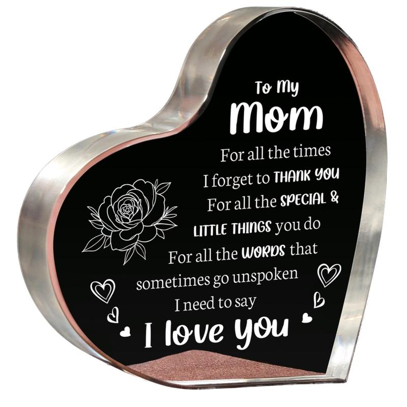 Heart Shaped Acrylic Block, Flower & Letter Pattern Decorative Ornament, Room Decor Inspirational Creative Gift for Mom