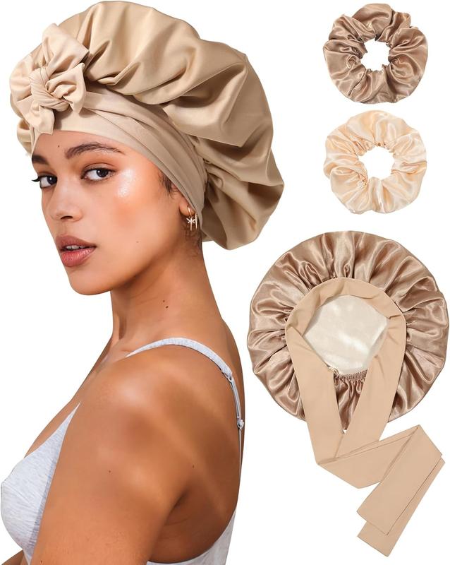 Reversible Satin Bonnet for Sleeping Women Double Layer Hair Bonnet with 2 count Hair Scrunchies Elastic Tie Band Night Cap