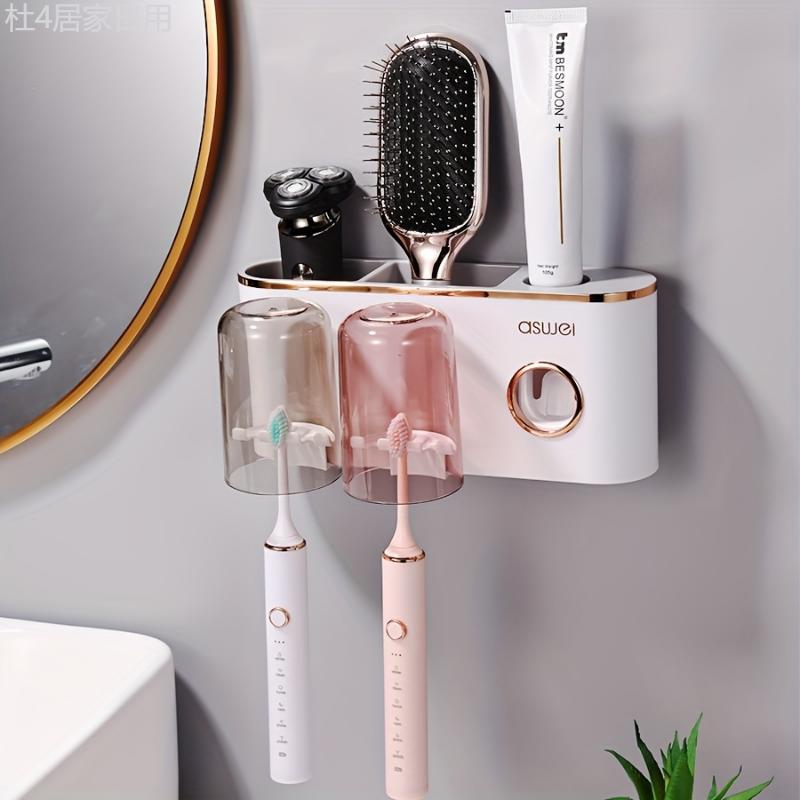 1pc Toothbrush Holder With Cup, Wall Mounted Toothbrush Storage Rack, Punch-free Bathroom Storage Organizer, Bathroom Multifunctional Toothpaste Toothbrush Shelf, Bathroom Accessories