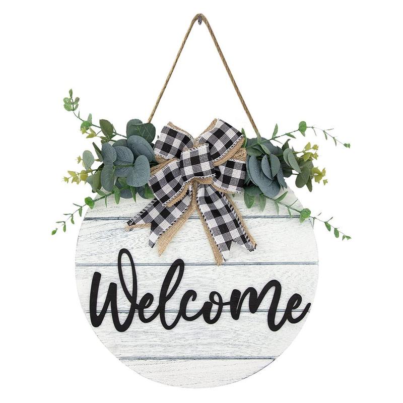 Wooden Letter Pattern Welcome Sign, Round Wooden Sign for Front Door, Farmhouse Welcome Sign for Home Wall Indoor and Outdoor Decor