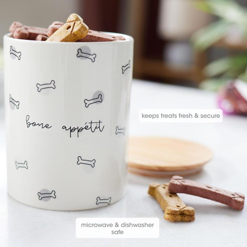 Bone Appetite Treat Jar, Ceramic and Wood Pet Treat Canister, Modern Neutral Color Home Kitchen Accessories, Dishwasher Safe, Silicone Seal Lid For Freshness, Dog Biscuit Storage