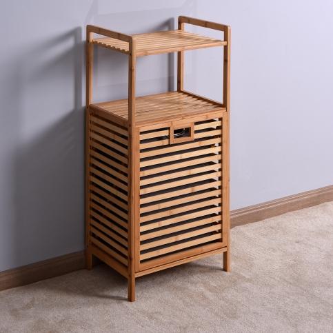 LEROY MORGAN Bathroom Laundry Basket Bamboo Storage Basket with 2-tier Shelf 17.32 x 13 x 37.8 inch Natural Style